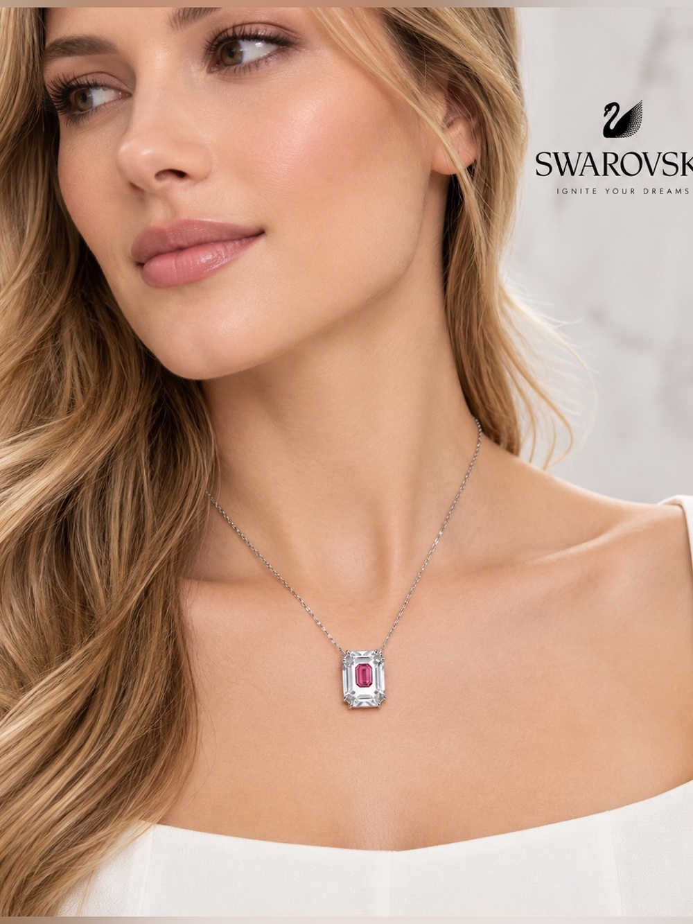NWT Swarovski Silver-Tone Crystal 16-1/2" Adjustable Pendant Necklace.